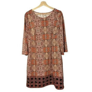 Tacera Orange Printed 3/4 Sleeve Stretch Shift Dress L